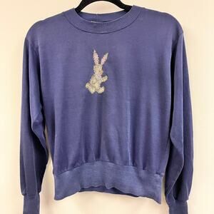 women's vintage L navy blue crew neck cropped sweatshirt hand embroidered bunny